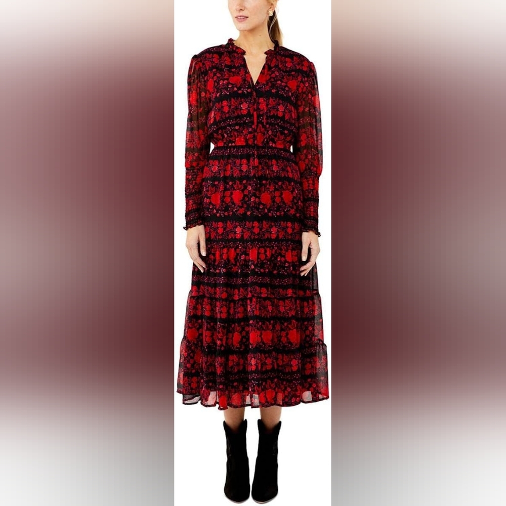 BB Dakota Red and Black Tiered Long Sleeve Dress